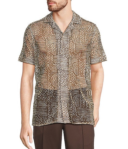 Murano Crocodile World Collection Open Weave Line Print Camp Collar Woven Shirt
