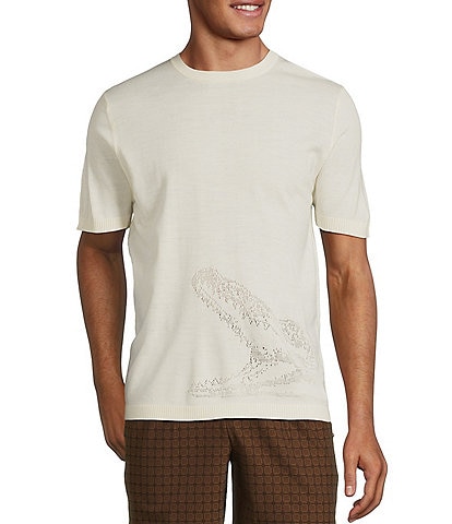 Murano Crocodile World Collection Pointelle Crocodile Short Sleeve Crew Neck Sweater