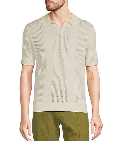 Murano Crocodile World Collection Pointelle Johnny Collar Short Sleeve Sweater Knit Shirt
