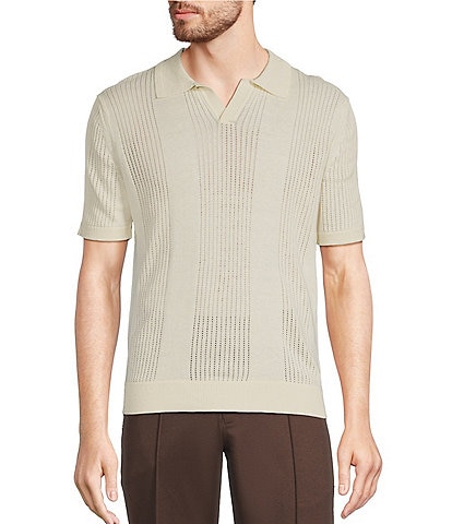 Murano Crocodile World Collection Pointelle Johnny Collar Short Sleeve Sweater Knit Shirt