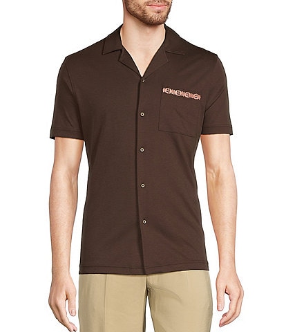 Murano Crocodile World Collection Slim Fit Embroidered Pocket Short Sleeve Woven Camp Shirt