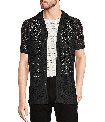 Murano Interdimensional Collection Slim Fit Rib Eyelet Camp Collar Knit Woven Shirt