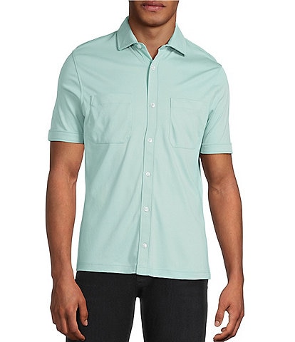 Murano Liquid Luxury Short Sleeve Knit Interlock Solid Coatfront Shirt