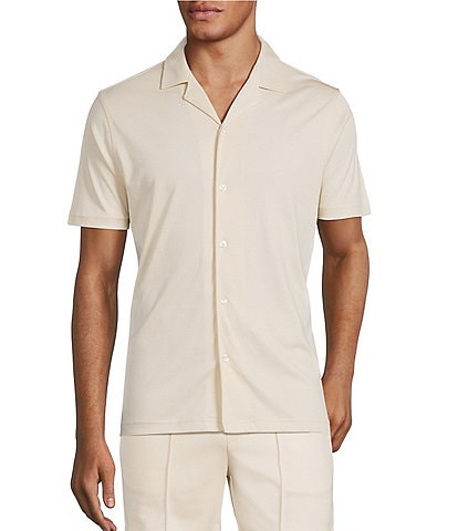 Murano Liquid Luxury Slim Fit Solid Coatfront Short Sleeve Woven Camp Shirt