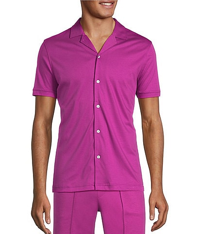 Murano Liquid Luxury Slim Fit Solid Coatfront Short Sleeve Woven Camp Shirt