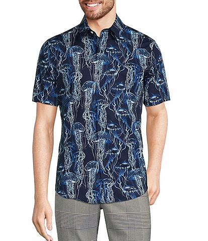 Murano Modern Maritime Collection Slim Fit Jellyfish Print Short Sleeve Woven Covered Placket Shirt