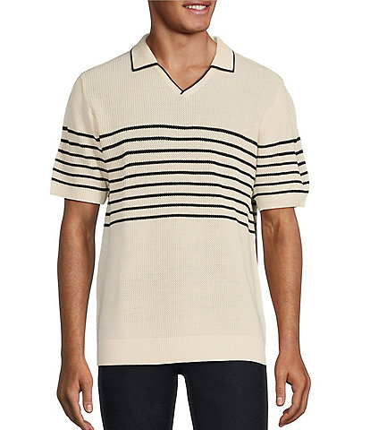 Murano Modern Maritime Collection Stripe Textured Short-Sleeve Johnny Sweater Polo Shirt