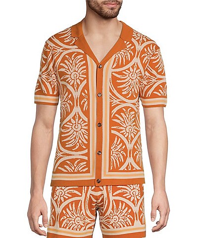 Murano Seville Collection Palm Print Jacquard Short Sleeve Button Front Shirt