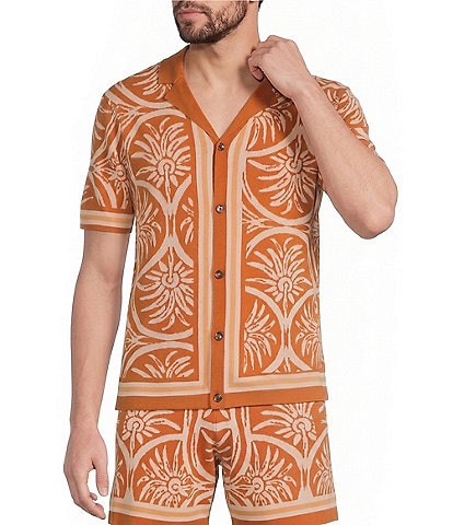 Murano Seville Collection Palm Print Jacquard Short Sleeve Button Front Shirt