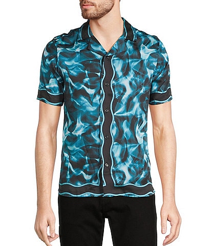 Murano Shape of Water Collection Slim Fit Water Print Short Sleeve Woven Camp Shirt