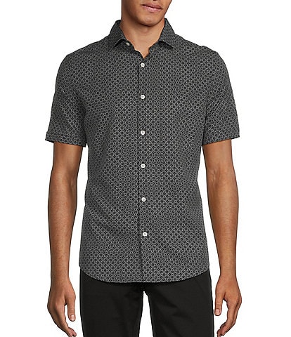Murano Slim Fit Performance Stretch Line Print Short Sleeve Woven Shirt