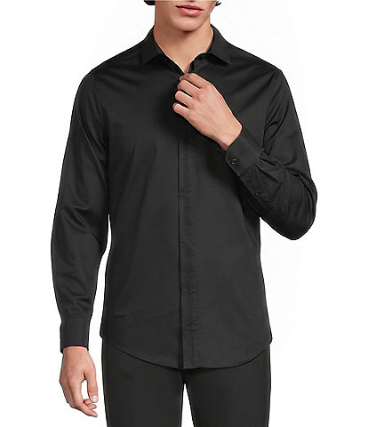 Murano Slim Fit Solid Sateen Pintuck Long Sleeve Woven Shirt
