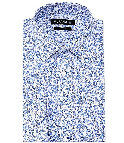 Murano Slim Fit Spread Collar Floral/Berry-Print Stretch Poplin Dress Shirt