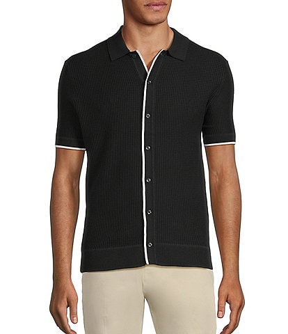 Murano Spread Collar Short Sleeve Sweater Knit Coat Front Shirt