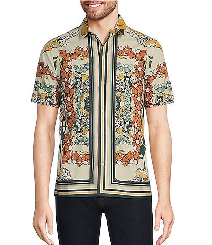 Murano Verdant Vibes Collection Slim-Fit Floral Stripe Short Sleeve Woven Camp Shirt