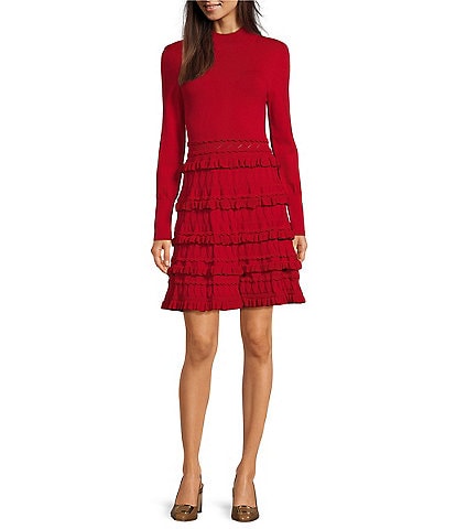 Muse by Marchesa Calla Stretch Lycra Blend Mock Neck Long Sleeve Tiered Ruched Ruffle Flounce A-Line Mini Dress