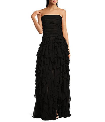 Muse by Marchesa Dahlia Chiffon Ruched Cascading Ruffle Strapless A-Line Maxi Dress