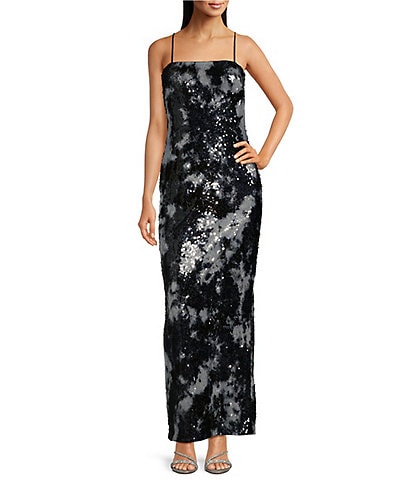 Muse by Marchesa Geranium Floral Sequin Strapless Sheath Flounce Gown