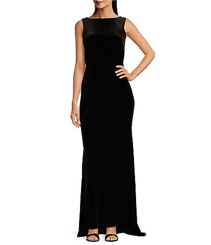 Muse by Marchesa Odessa Velvet Open Jeweled Back Boat Neck Sleeveless Bodycon Flounce Full Length Small Scale Train Gown