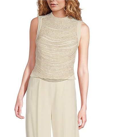 Muse by Marchesa Snowdrop Woven Satin Pearl Rhinestone Mock Neck Sleeveless Fitted Blouse