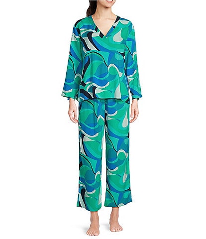 N by Natori 3/4 Sleeve V-Neck Top & Pant Challis Abstract Print Pajama Set