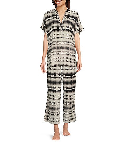 N by Natori Allover Printed Mandarin Collar Short Sleeve Woven Crinkle Pajama Set