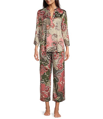 N by Natori Allover Printed Satin 3/4 Sleeve Mandarin Collar Pajama Set