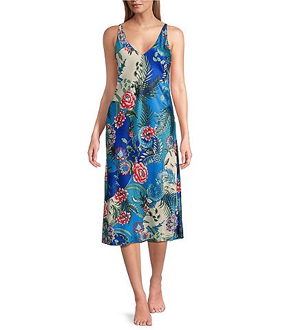 N by Natori Allover Printed Sleeveless V-Neck Coordinating Satin Nightgown