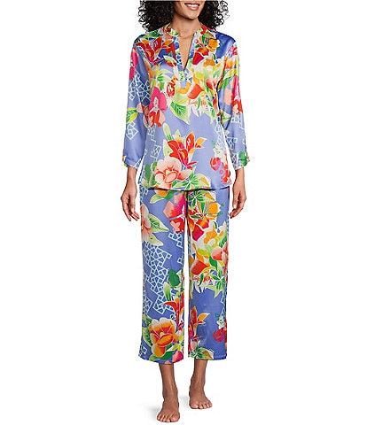 N by Natori Camellia Satin Floral Print 3/4 Sleeve Split V-Neck Cropped Pant Pajama Set