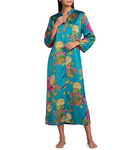 N by Natori Crysanthe Print 3/4 Sleeve Satin Zip Coordinating Caftan