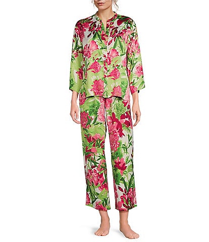 N by Natori Enchanted Peony Satin 3/4 Sleeve Mandarin Collar Coordinating Pajama Set
