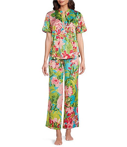 N by Natori Enchanted Peony Satin Short Sleeve Mandarin Collar Coordinating Pajama Set