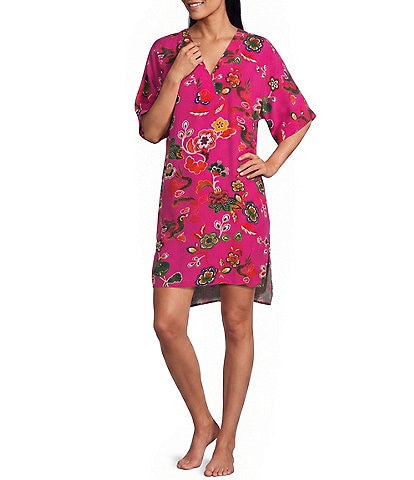 N By Natori Fleur Dragon 3/4 Sleeve V-Neck Woven Challis Sleepshirt