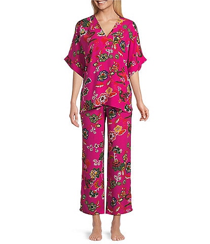 N By Natori Fleur Dragon Short Sleeve V-Neck Woven Challis Pajama Set