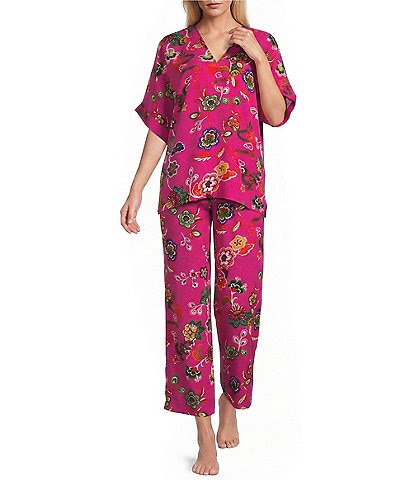 N By Natori Fleur Dragon 3/4 Sleeve V-Neck Woven Challis Pajama Set
