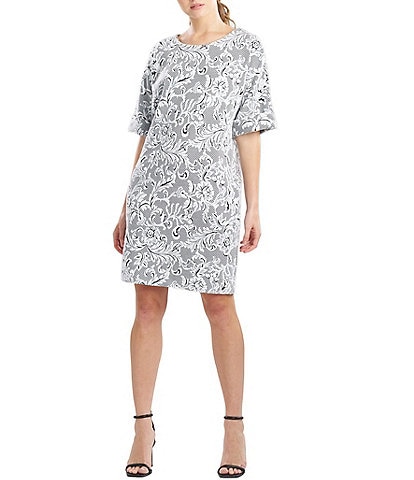 N by Natori Floral Jacquard Knit Cuffed Elbow Sleeve Round Neck Side Pocket Shift Dress