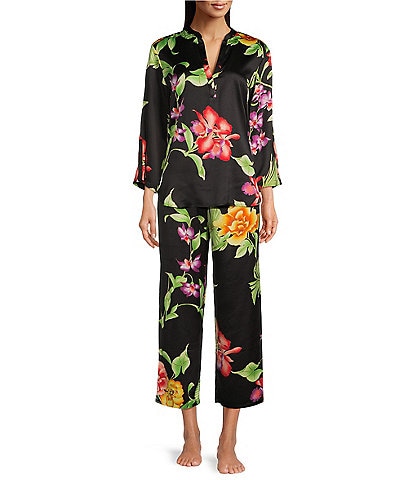 N by Natori Floral Satin 3/4 Sleeve Split V-Neck Coordinating Pajama Set