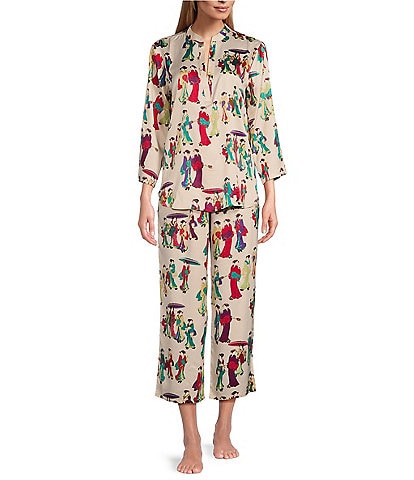 N by Natori Geisha Long Sleeve Split V-Neck Satin Printed Pajama Set