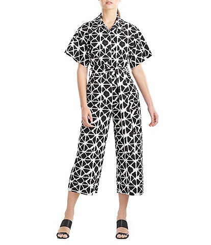 N by Natori Geometric Print Stretch Point Collar Short Sleeve Tie Waist Side Pocket Button-Front Cropped Jumpsuit
