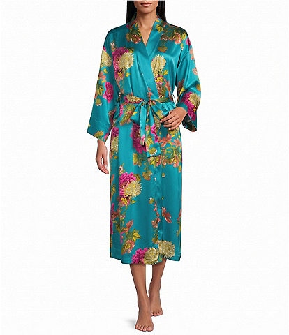 N by Natori Harvest Blue Crysanthe Print Long Sleeve Shawl Collar Satin Coordinating Robe