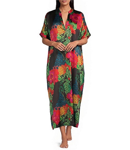 N by Natori Harvest Satin Floral Print Short Sleeve Mandarin Collar Caftan
