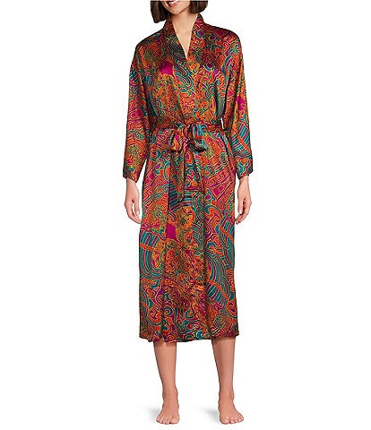 N by Natori Kaleidoscope Printed Long Sleeve Shawl Collar Coordinating Satin Robe