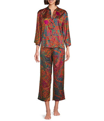 N by Natori Kaleidoscope Satin 3/4 Sleeve Mandarin Collar Coordinating Pajama Set