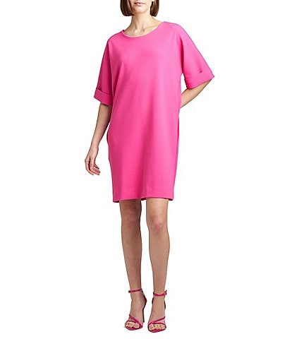 N by Natori Knit Crepe Cuffed Elbow Sleeve Round Neck Side Pocket Shift Dress