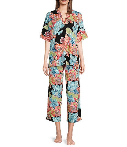 N By Natori Knit Short Sleeve Mandarin Collar Cropped Pajama Set