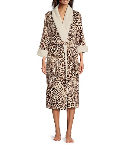 N by Natori Leopard Print Long Sleeve Shawl Collar Fleece Robe