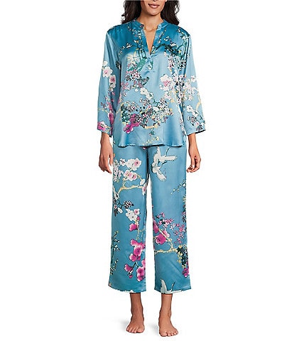N by Natori Sakura Satin Floral Print Long Sleeve Mandarin Collar Long Pajama Set