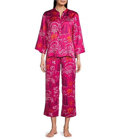 N by Natori Satin Allover Printed Mandarin Collar 3/4 Sleeve Button-Front Pajama Set