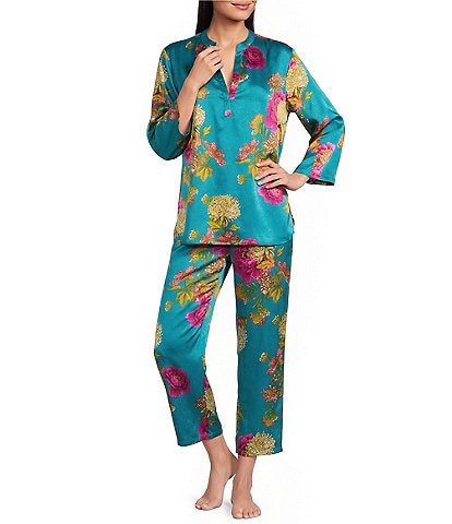 N by Natori Satin Crysanthe Blue Print 3/4 Sleeve Mandarin Collar Long Coordinating Pajama Set