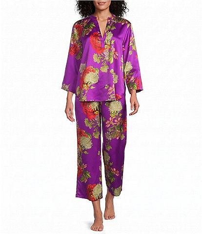 N by Natori Satin Crysanthe Orchid Print 3/4 Sleeve Mandarin Collar Crop Pajama Set